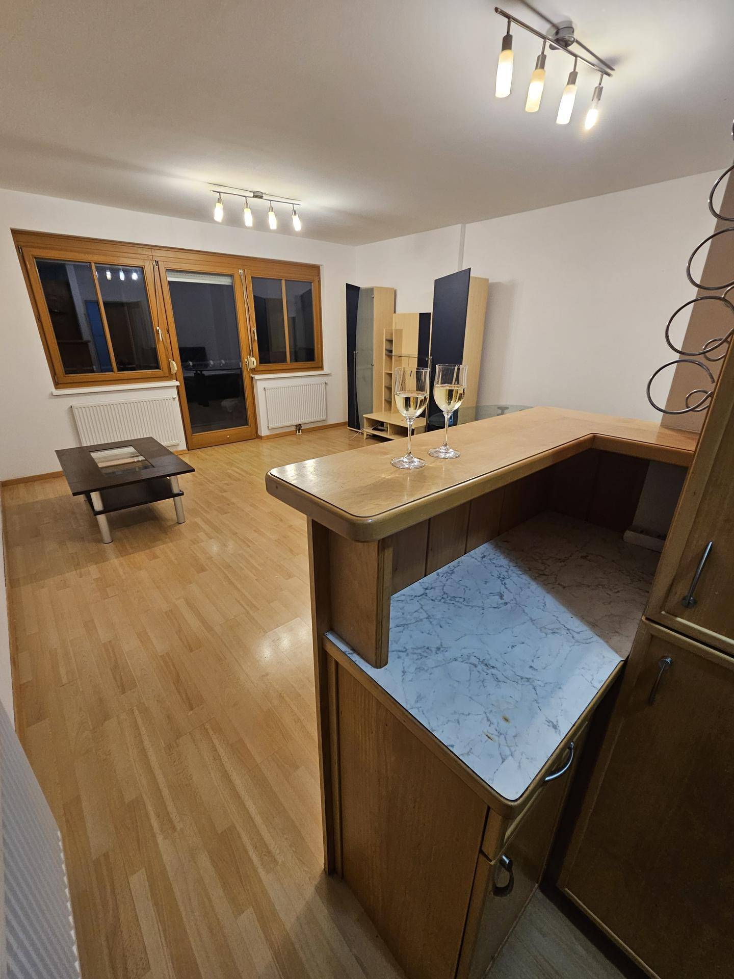 Heller Wohnbereich mit Holzboden, einer Bar und Zugang zu einem Balkon oder einer Terrasse.