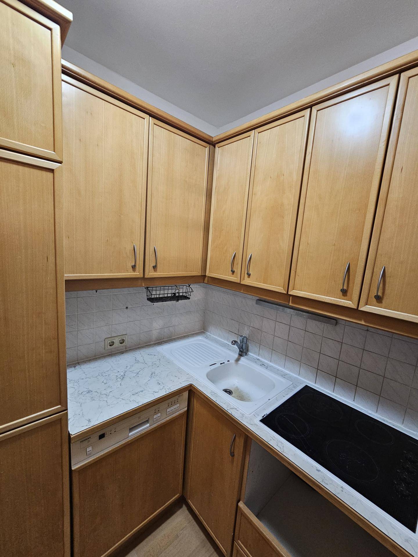 Kompakte Küche mit Holzschränken, Spüle, Kochfeld und integriertem Geschirrspüler.