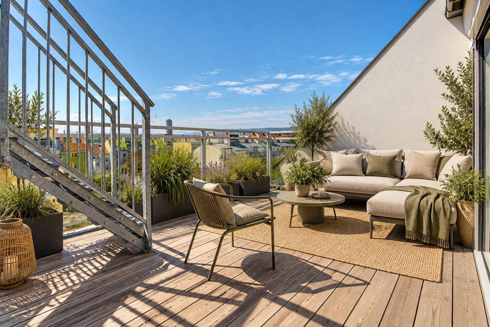 Gemütlicher Lounge-Bereich auf der Dachterrasse mit bequemen Möbeln und Pflanzen.