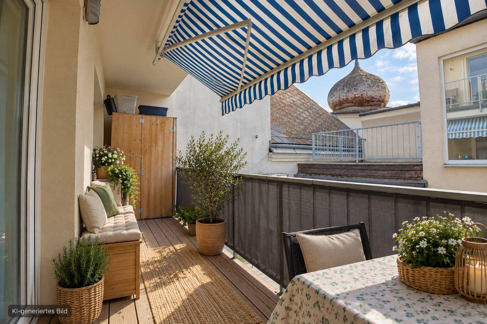 Gemütlicher Balkon mit Markise, Sitzgelegenheiten und Blick auf die Umgebung.