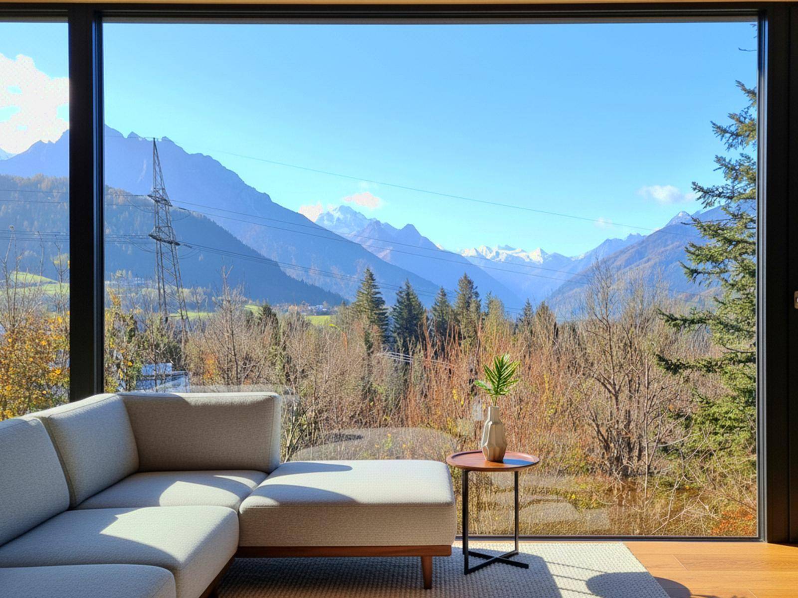 Helles Wohnzimmer mit großen Fenstern, die einen atemberaubenden Blick auf die Berge bieten.