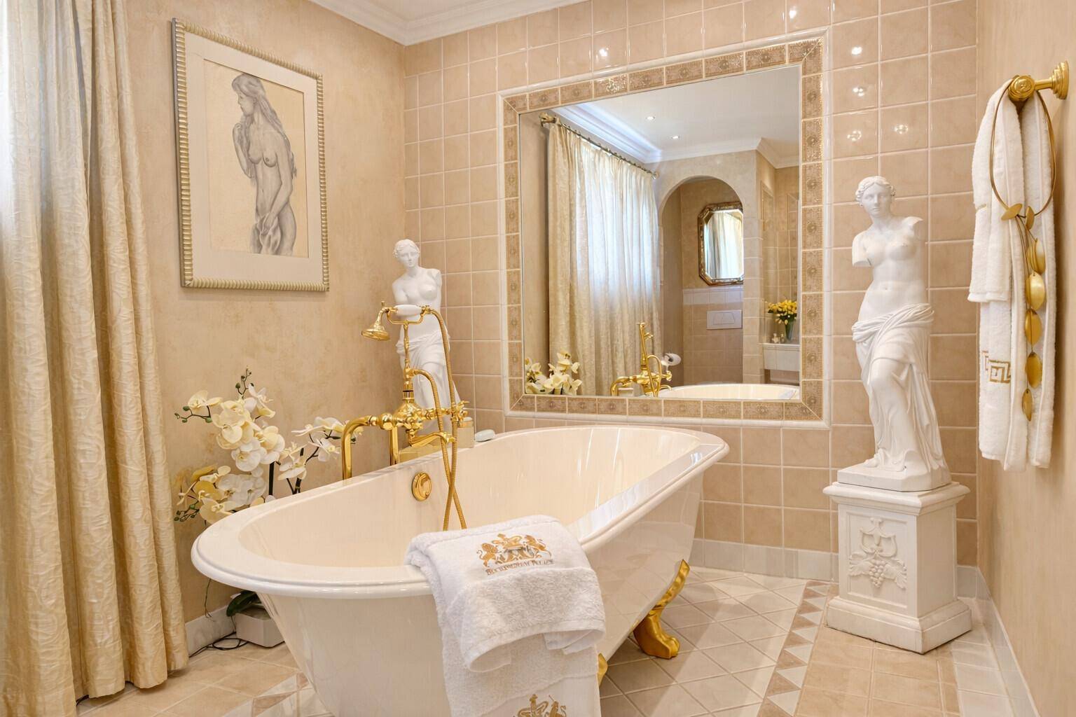 Elegantes Badezimmer mit freistehender Badewanne, goldenen Details und klassischer Dekoration.