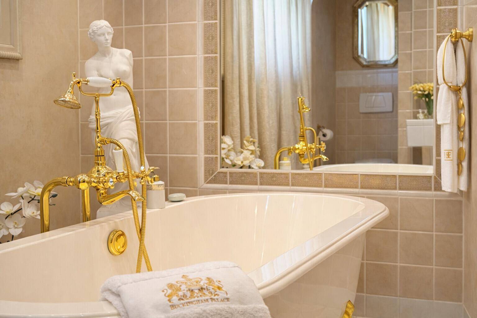 Luxuriöses Badezimmer mit freistehender Badewanne, goldenen Armaturen und beigefarbenen Fliesen.