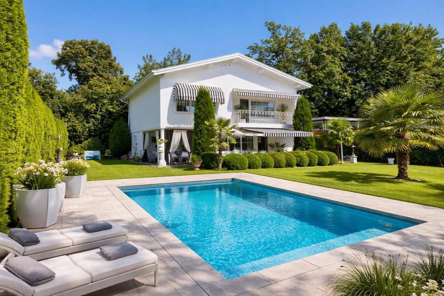 Weitläufiger Garten mit großem Swimmingpool, Liegebereich und gepflegtem Rasen.
