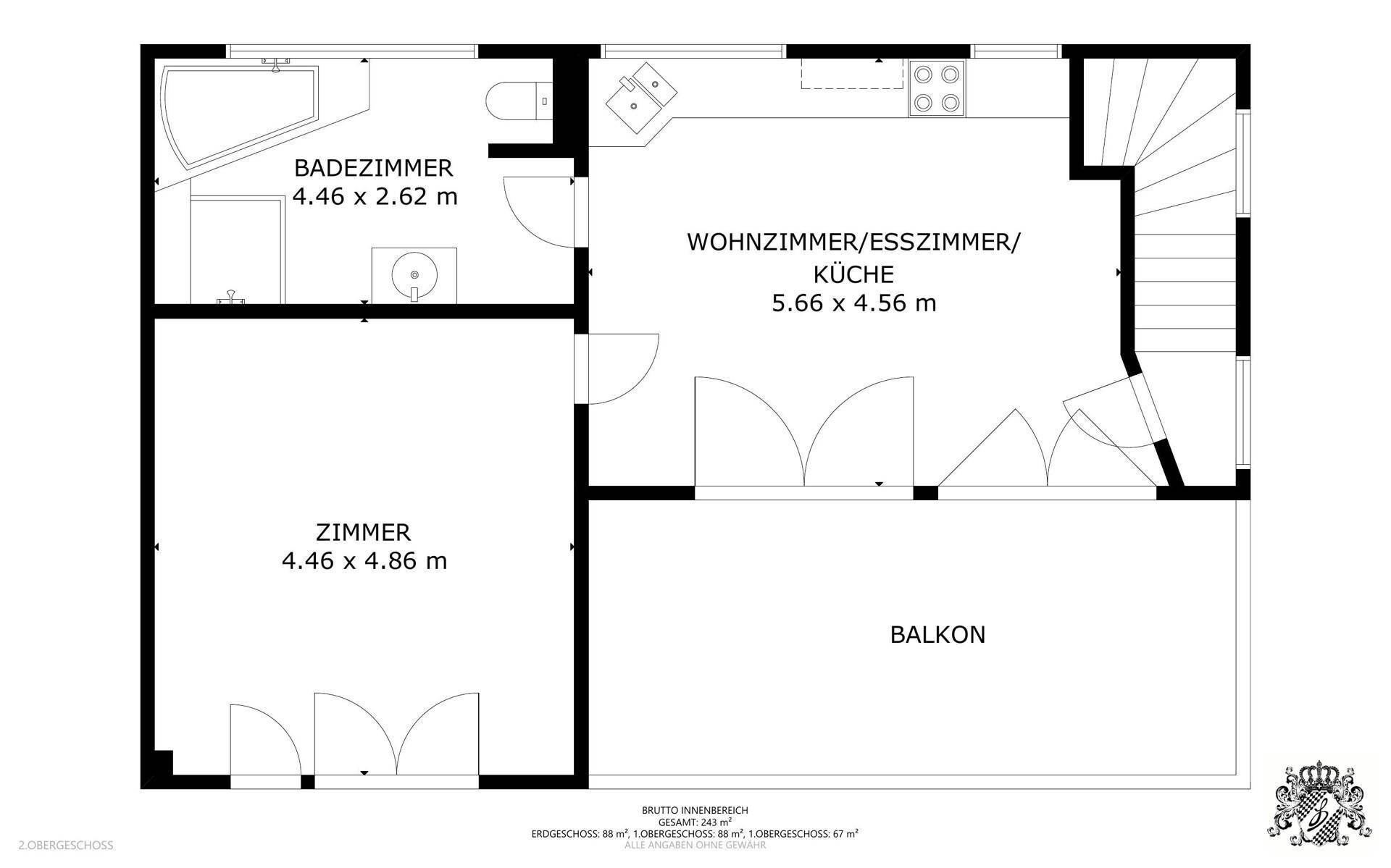 Grundriss des Dachgeschosses mit offenem Wohnbereich, Bad und Balkon.