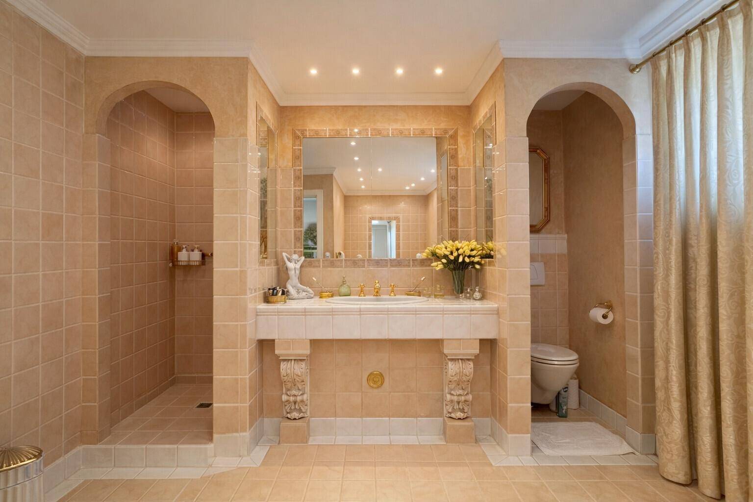 Helles Badezimmer mit begehbarer Dusche, Wand-WC und großem Spiegelschrank über dem Waschtisch.