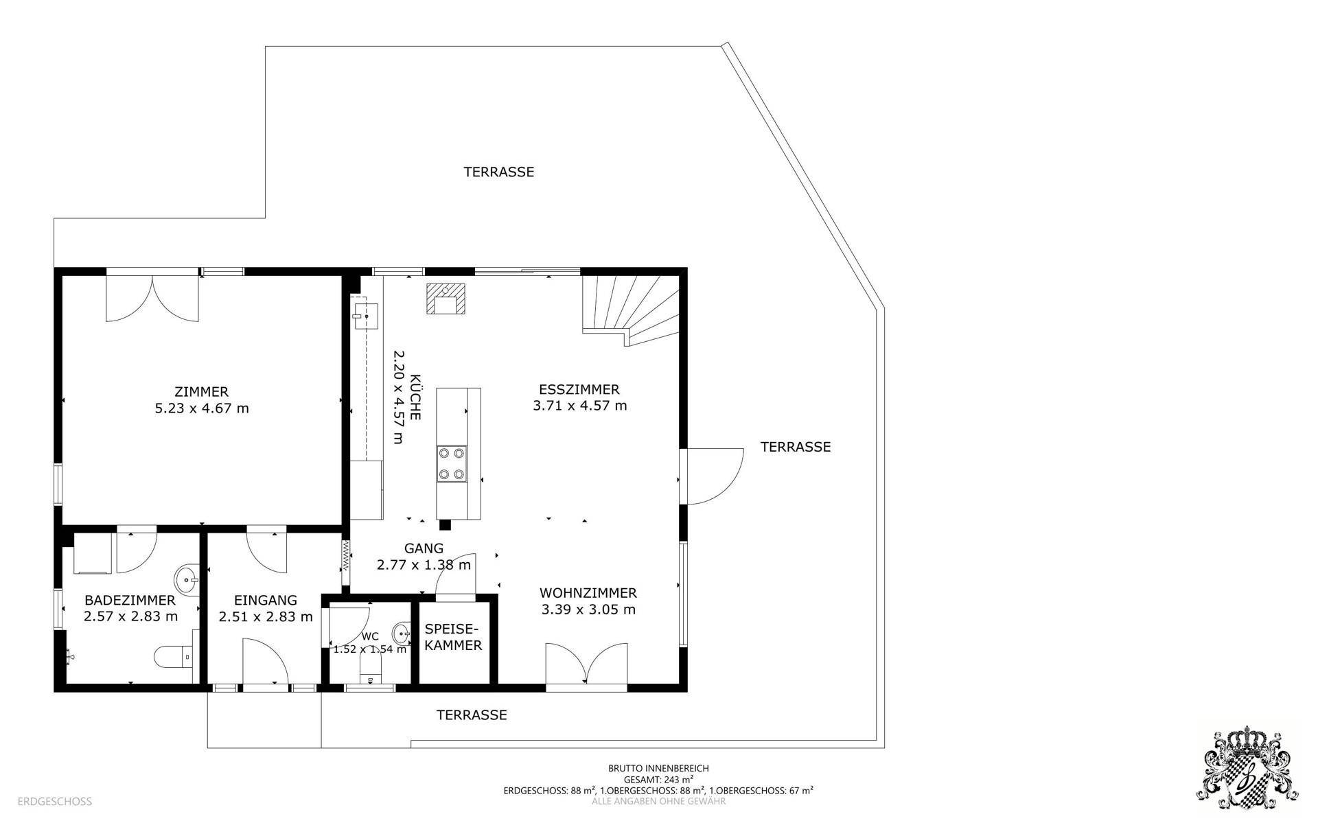 Grundriss des Erdgeschosses mit Wohnzimmer, Esszimmer, Küche und Terrasse.