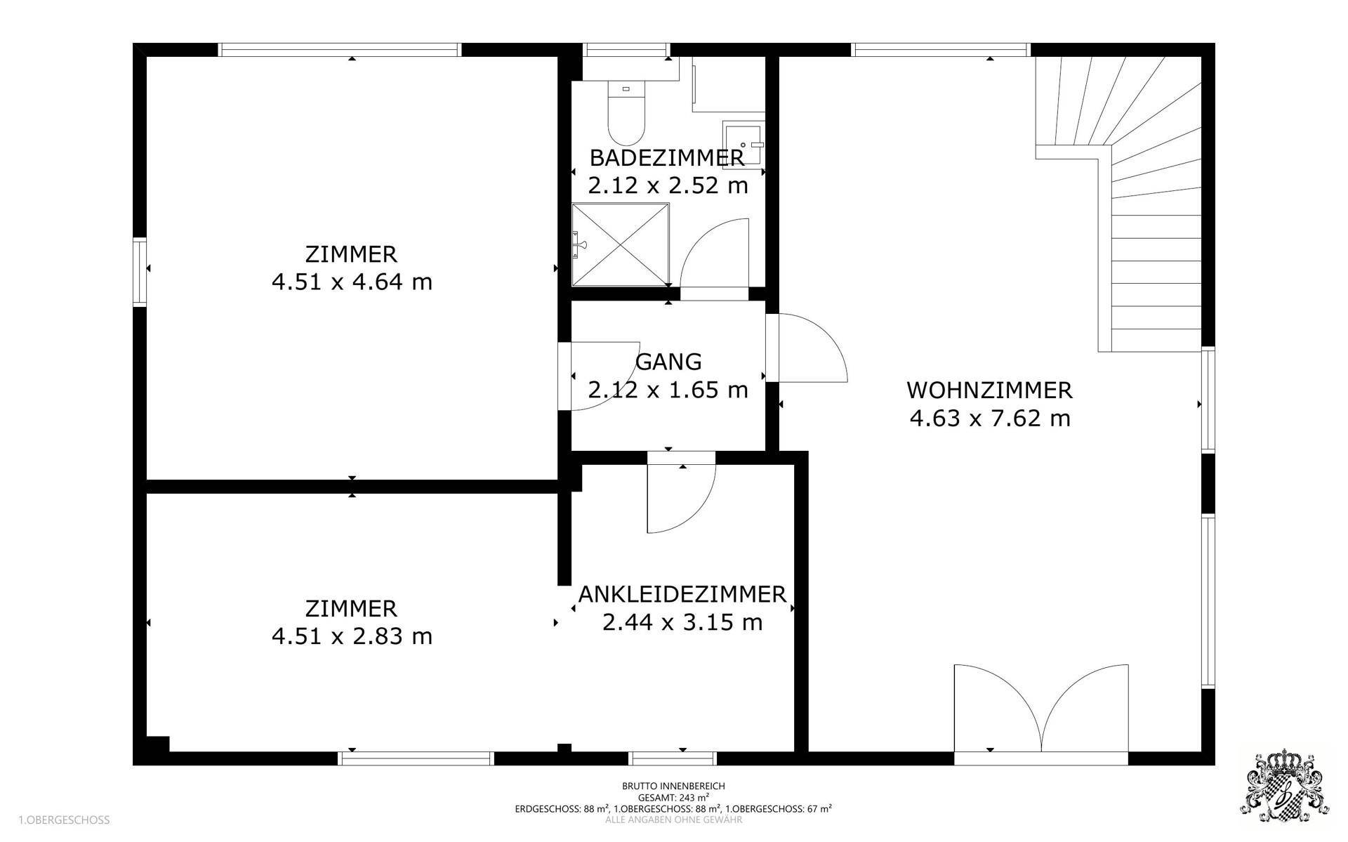 Grundriss des ersten Obergeschosses mit Schlafzimmern, Badezimmer und Ankleidezimmer.