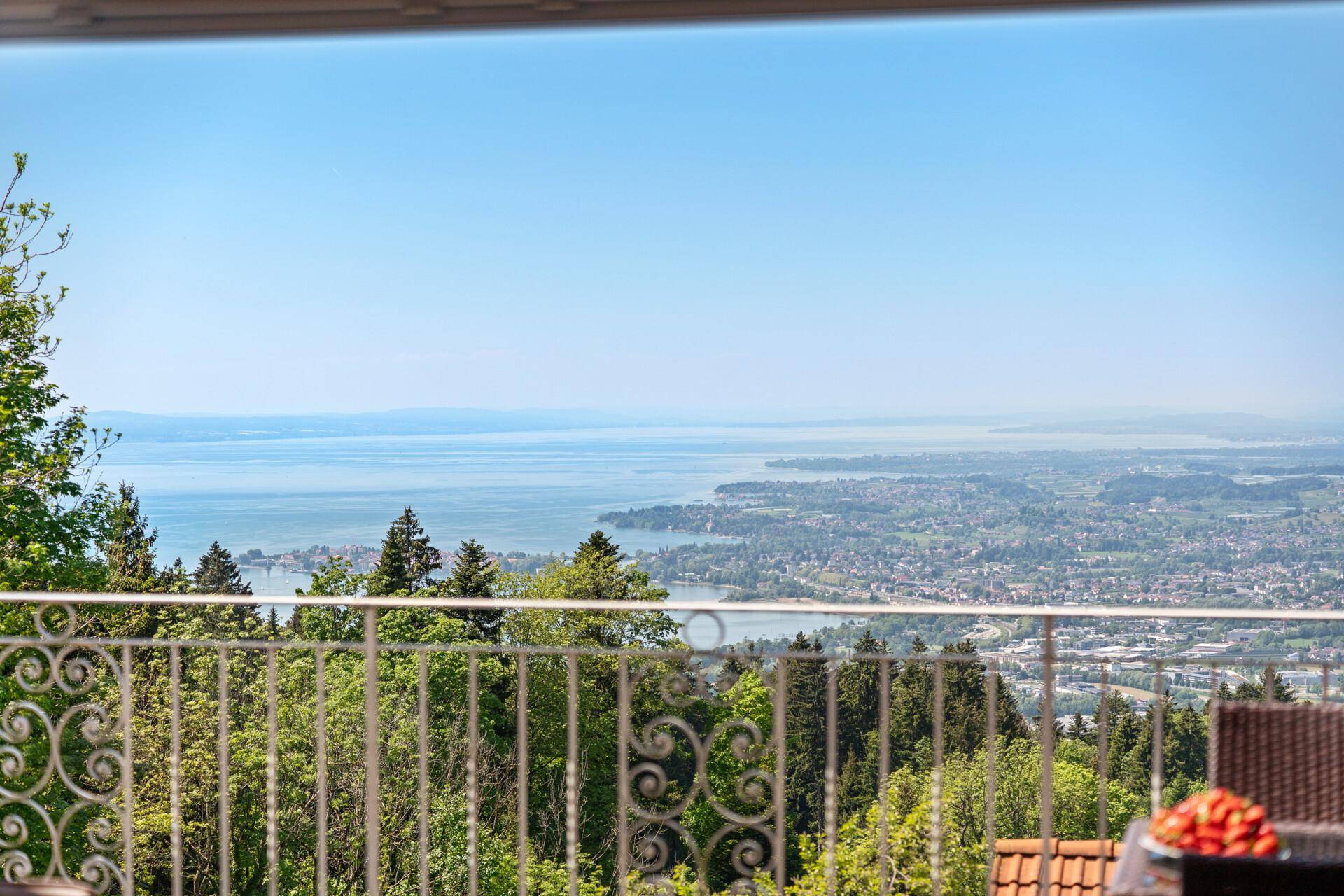 Atemberaubender Panoramablick vom Balkon über den See und die umliegende Landschaft.