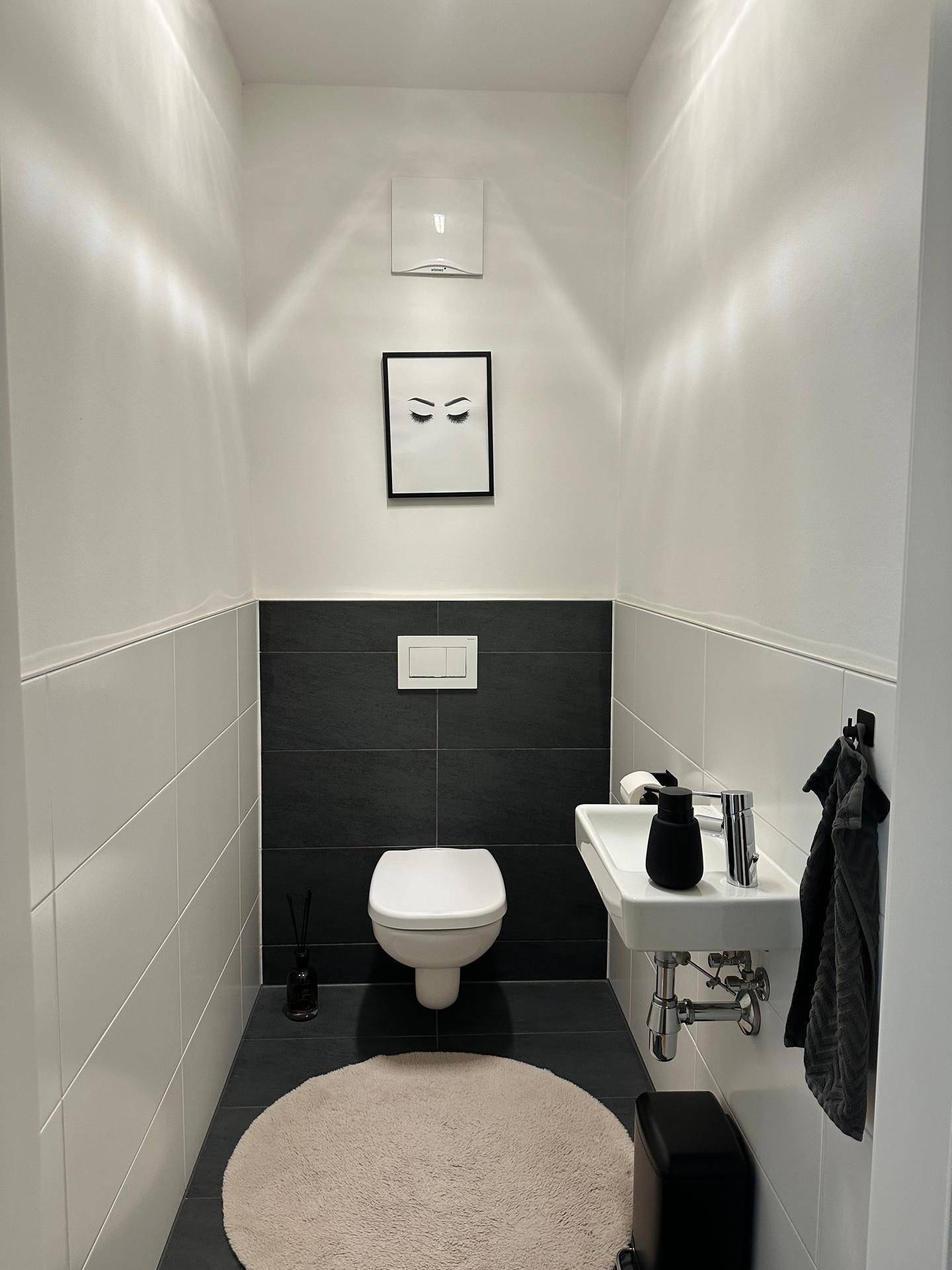 Modernes Gäste-WC mit wandhängender Toilette und kleinem Handwaschbecken.