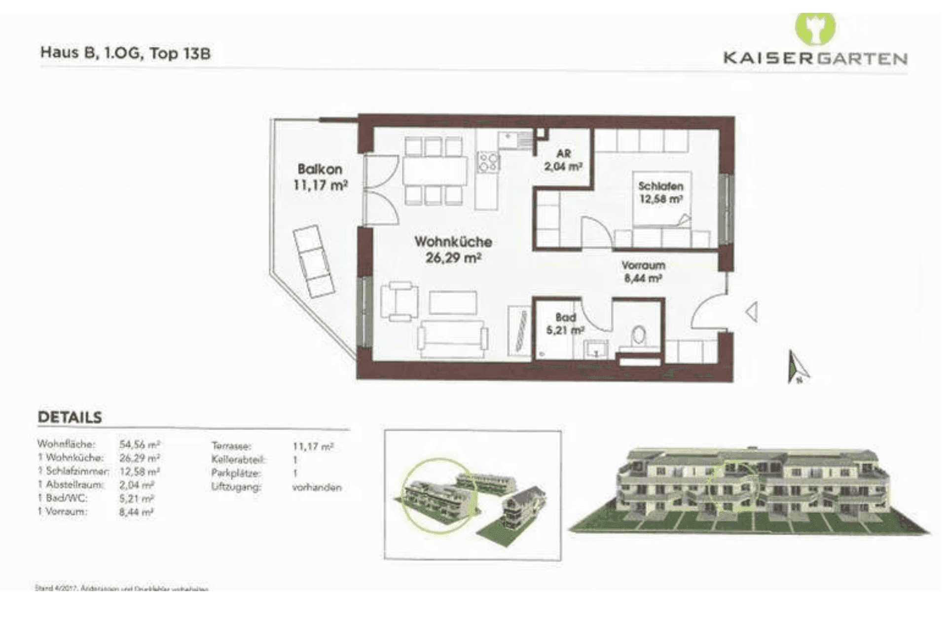 Detaillierter Grundriss der Wohnung mit Balkon, Schlafzimmer und offenem Wohnbereich.