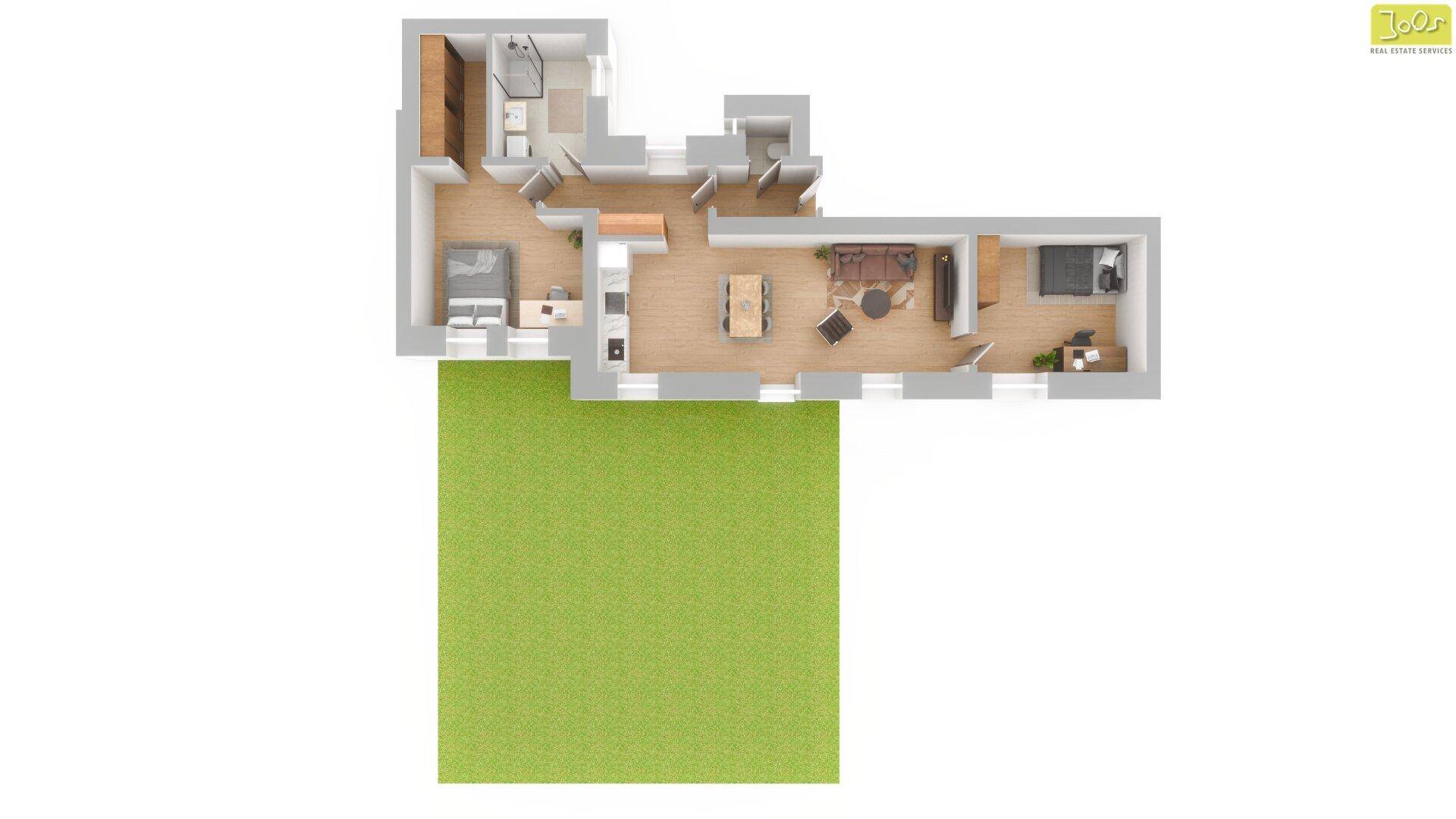 Grundriss einer Wohnung mit drei Zimmern, zwei Bädern und einem privaten Gartenbereich.