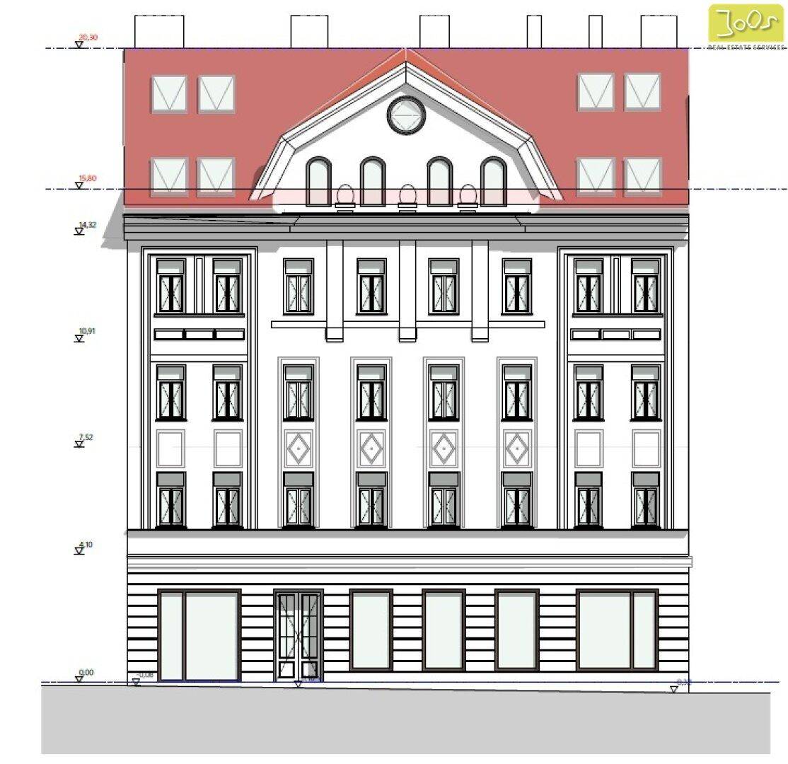 Architektonische Zeichnung der Gebäudefassade mit Mansarddach und Fensterdetails.