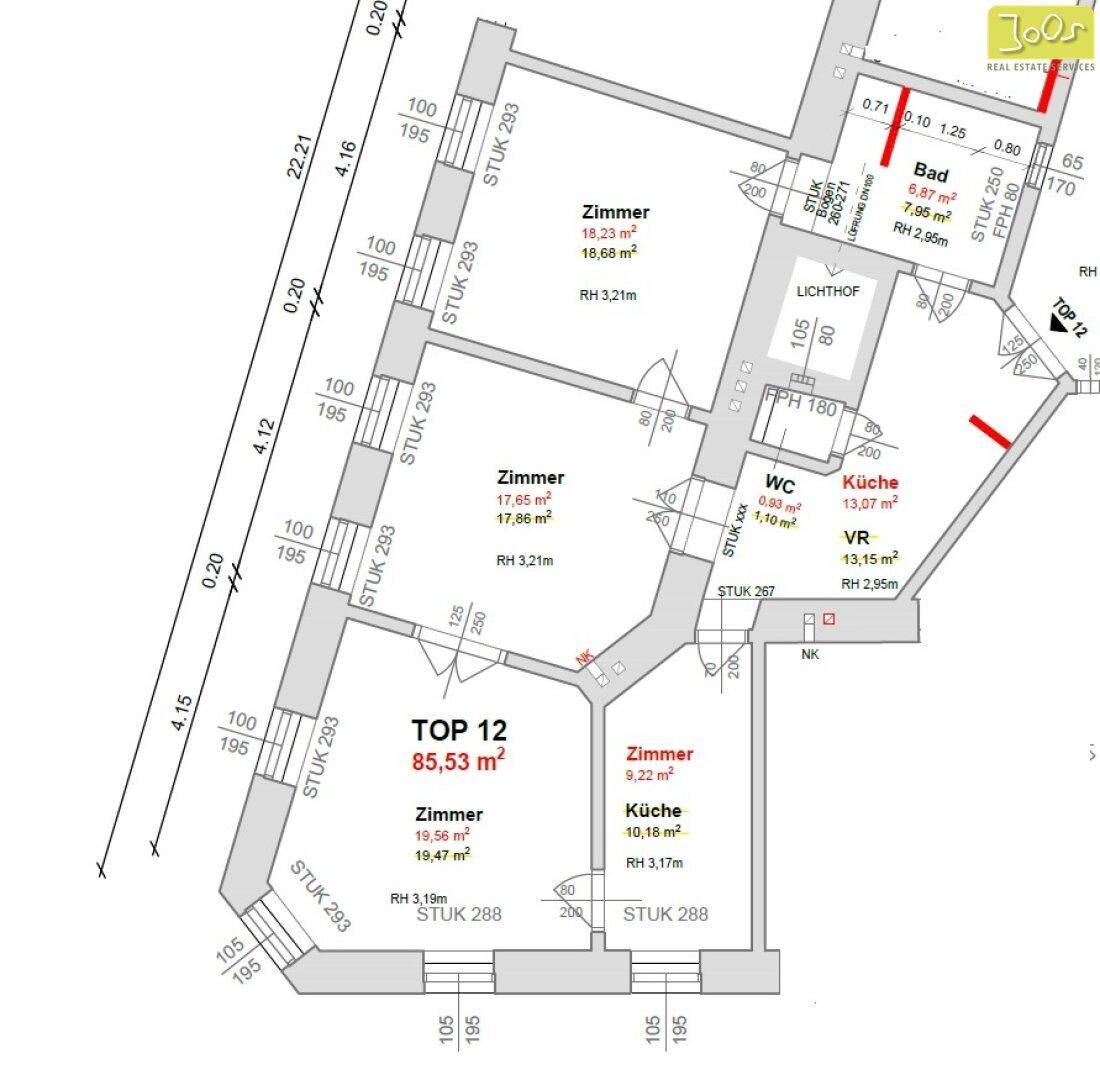 Grundriss der Wohnung Top 12 mit mehreren Zimmern, Küche und Bad, Gesamtfläche 85,53 m².