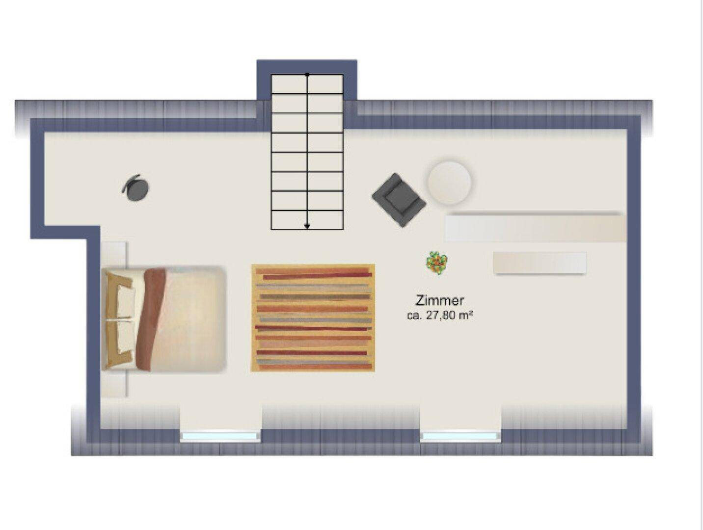 Grundriss der oberen Ebene mit Schlafzimmer und Treppenzugang zur unteren Etage.