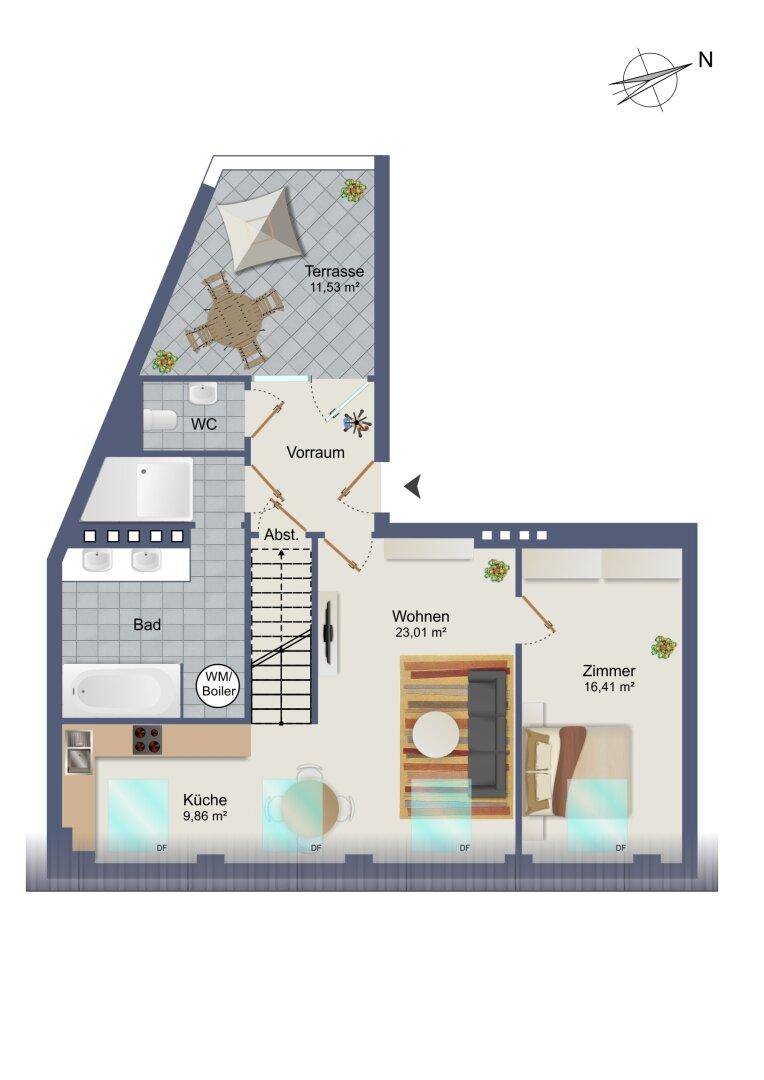 Grundriss der unteren Ebene mit Wohnbereich, Küche, Bad, WC und großer Terrasse.