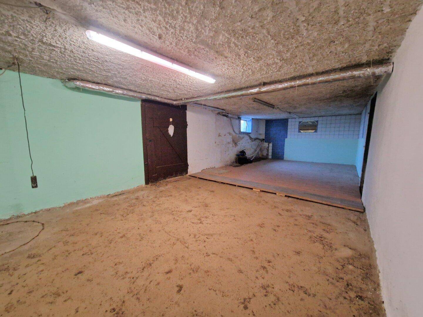 Geräumiger Kellerbereich mit Betonboden und einfacher Beleuchtung, ideal als Lagerraum.