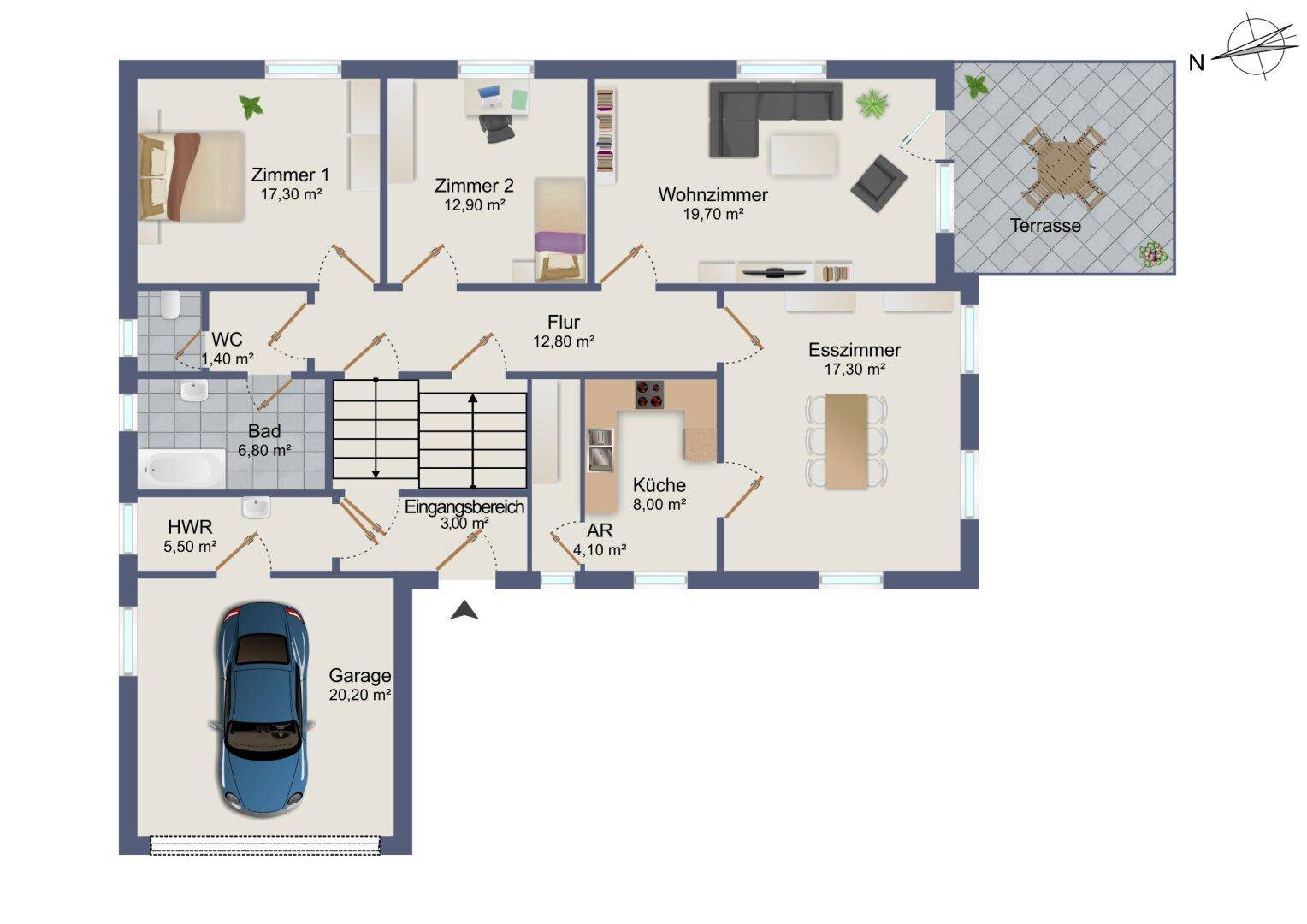 Grundriss des Erdgeschosses mit Wohnzimmer, Esszimmer, Küche und Garage.