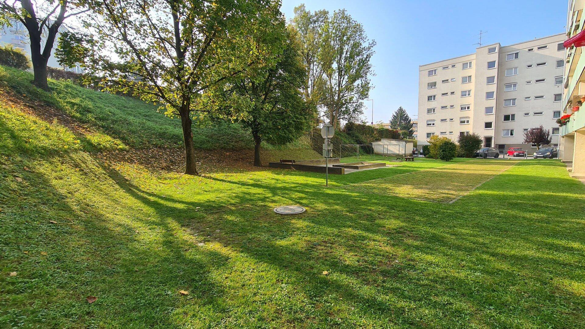 Grüne Außenanlage mit Rasenflächen und Bäumen vor einem Mehrfamilienhaus bei Sonnenschein.