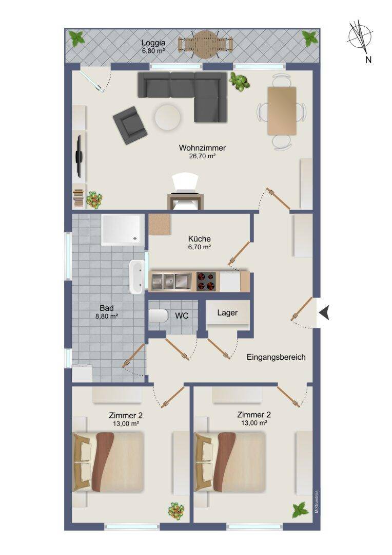 Grundriss einer Wohnung mit Wohnzimmer, Küche, zwei Schlafzimmern, Bad, WC und Loggia.