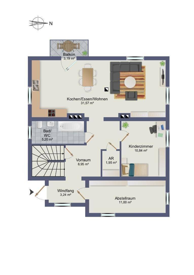 Grundriss des Erdgeschosses mit offener Küche, Ess- und Wohnbereich sowie Balkon.