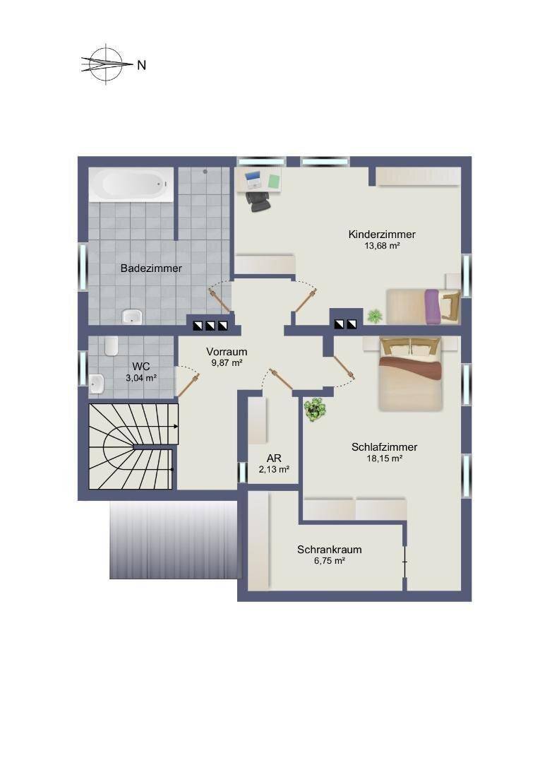 Grundriss des Obergeschosses mit Schlafzimmern, Badezimmer und Dachschrägen.
