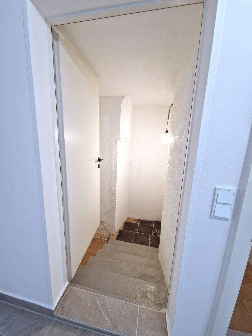 Treppenabgang zum Kellerbereich mit Betonstufen und einfachen Wänden.