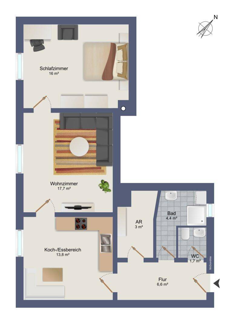 Grundriss einer Wohnung mit Schlafzimmer, Wohnzimmer, Koch-/Essbereich und Bad.