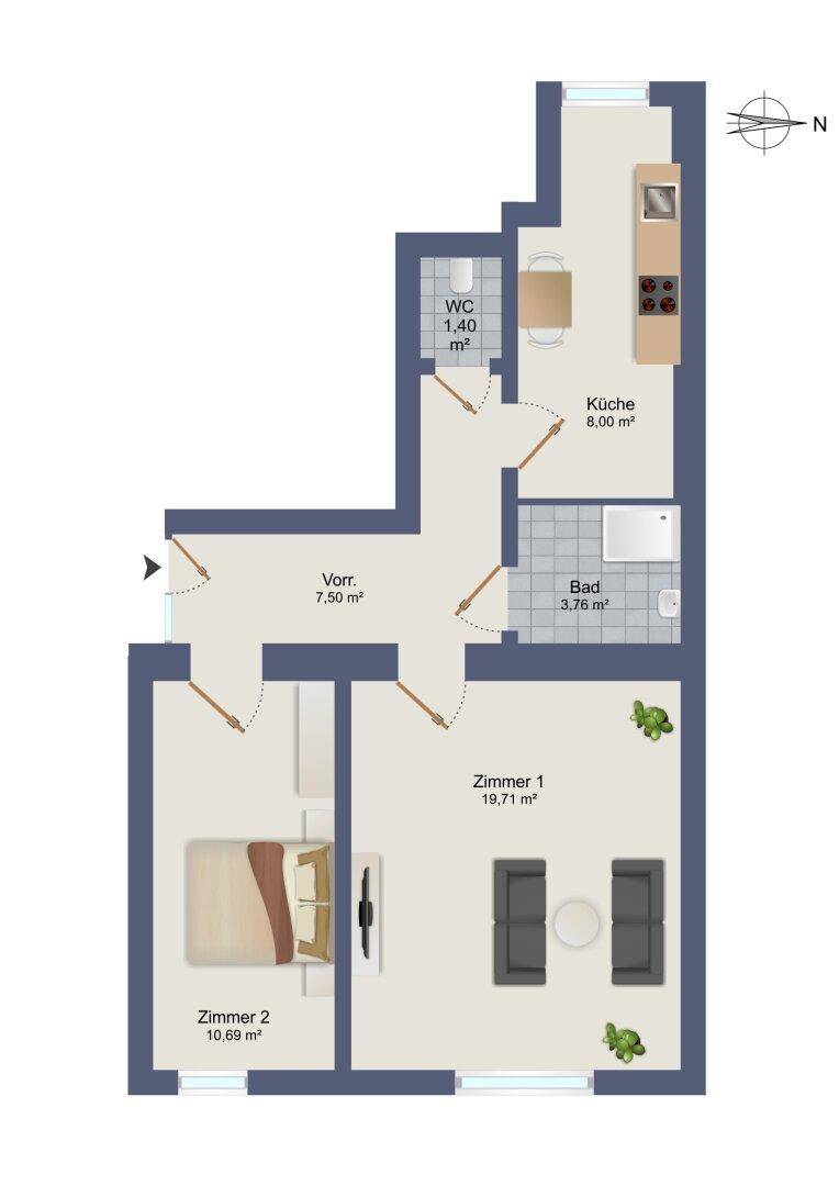 Detaillierter Grundriss einer Wohnung mit zwei Zimmern, Bad, WC und Küche.