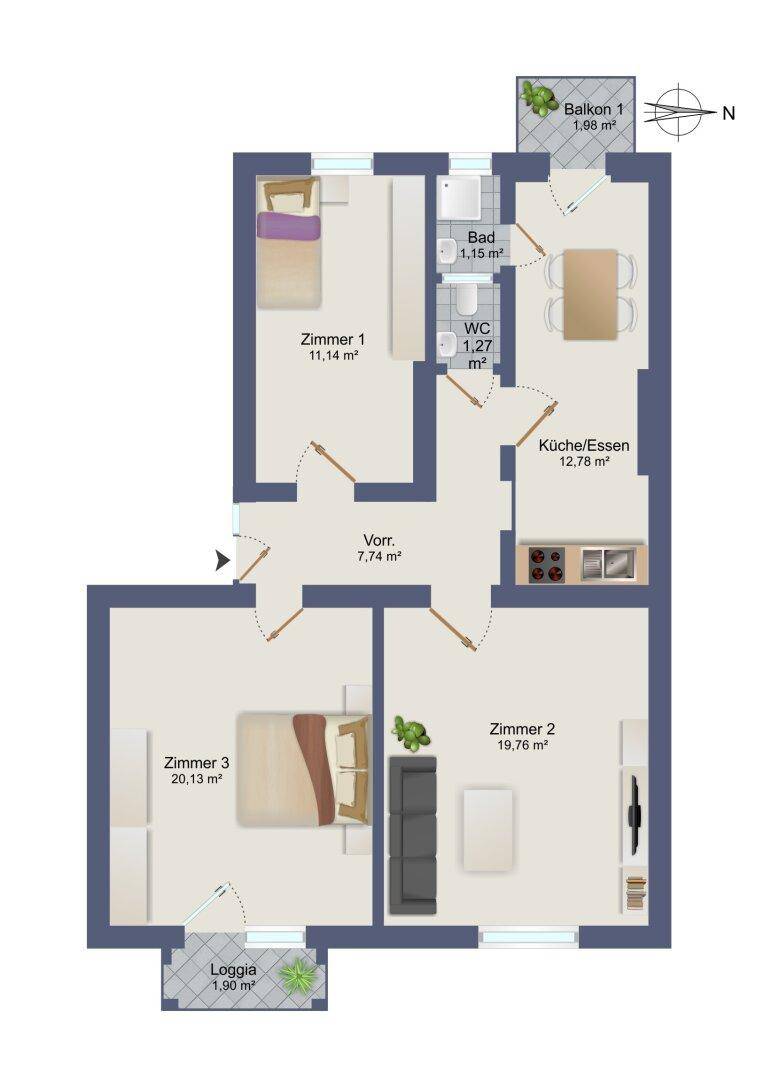 Grundriss einer Wohnung mit drei Zimmern, offener Küche und zwei Balkonen.