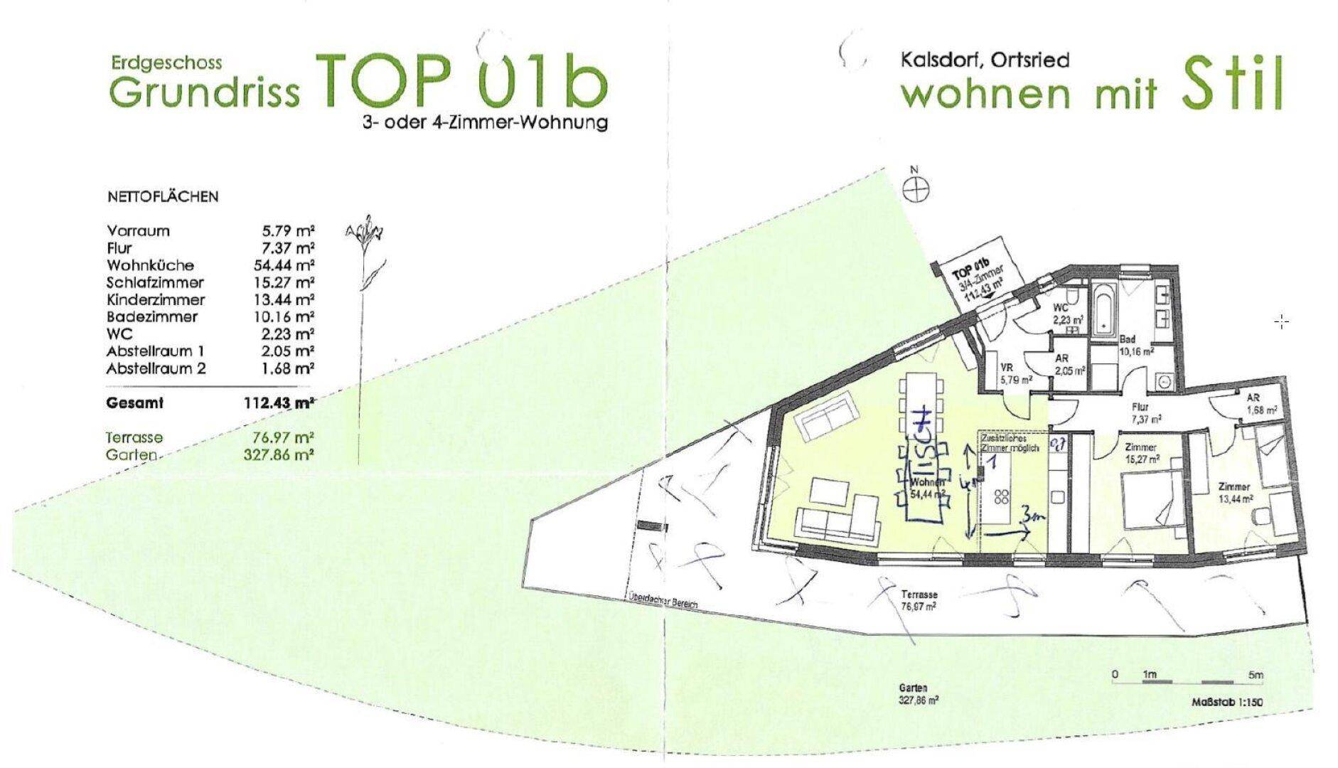 Grundriss der 3- oder 4-Zimmer-Wohnung im Erdgeschoss mit Terrasse und Garten.