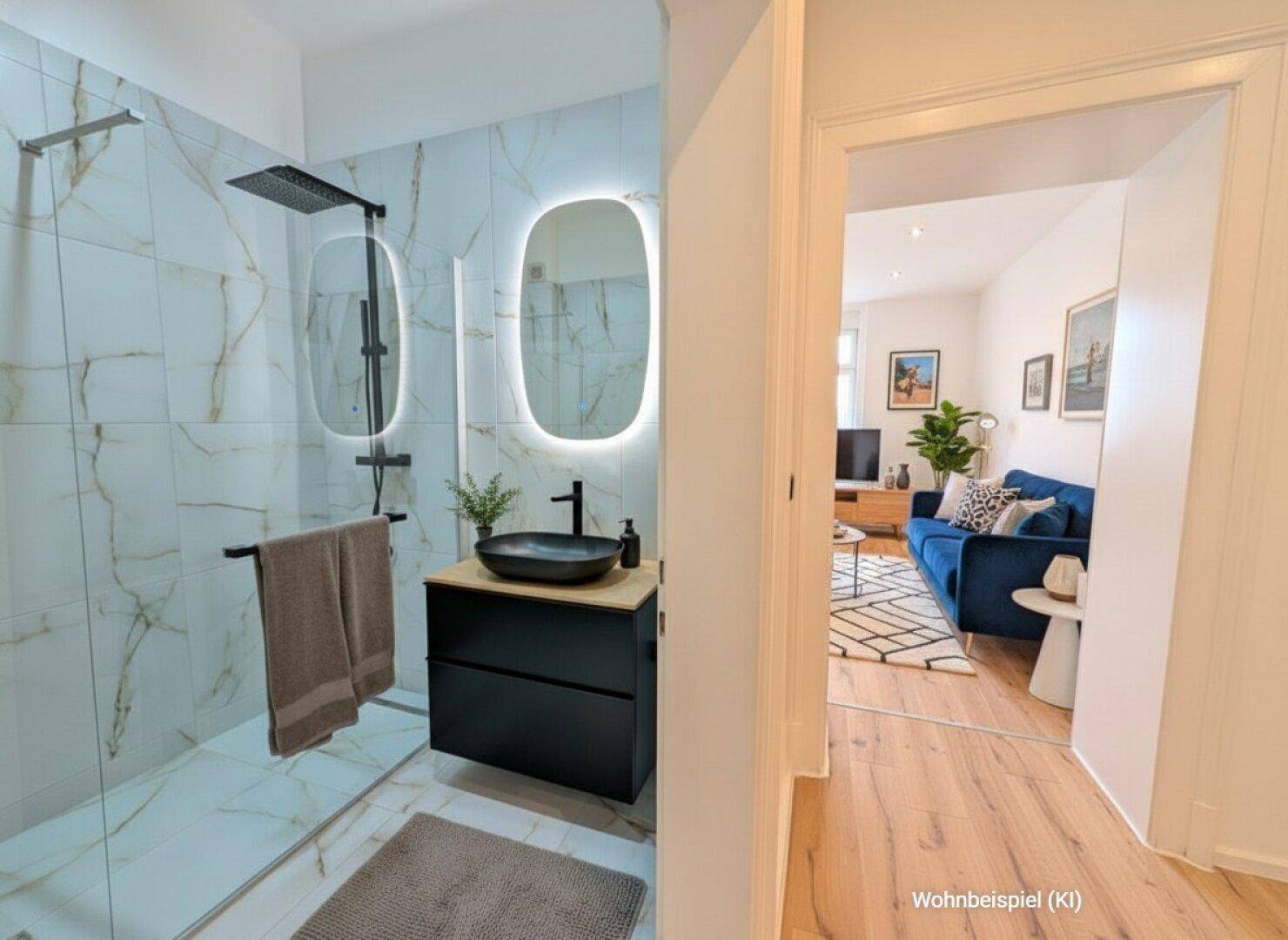 Modernes Badezimmer mit begehbarer Dusche, stilvollem Waschbecken und Blick ins Wohnzimmer.
