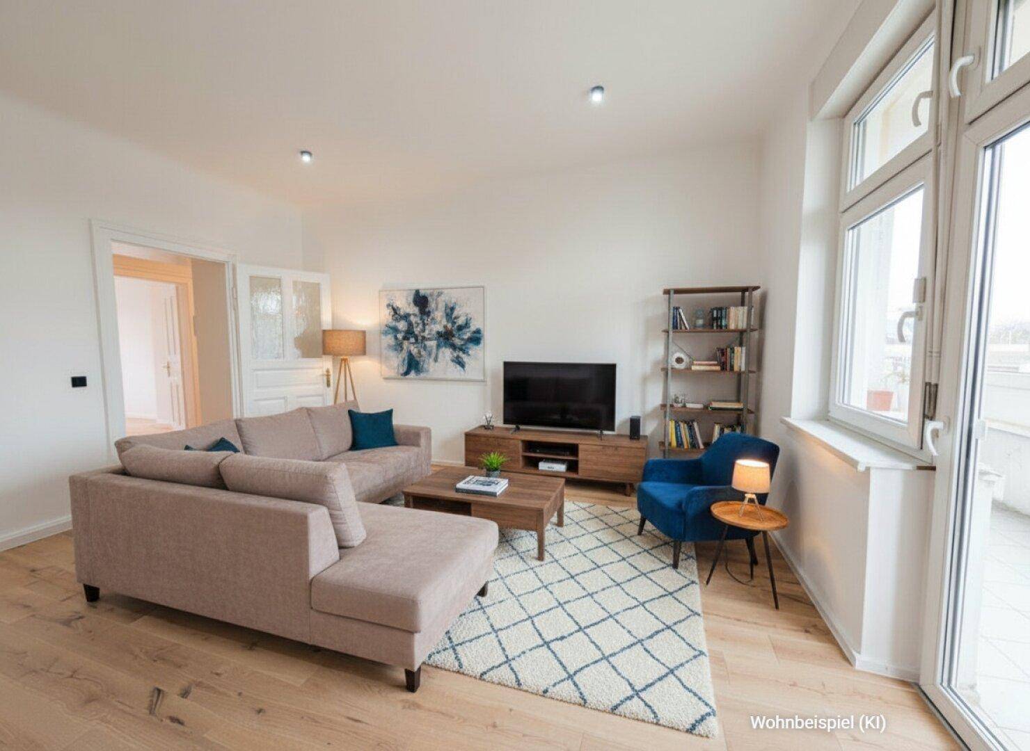 Helles Wohnzimmer mit beigem Ecksofa, Holzboden und Zugang zu einem Balkon.