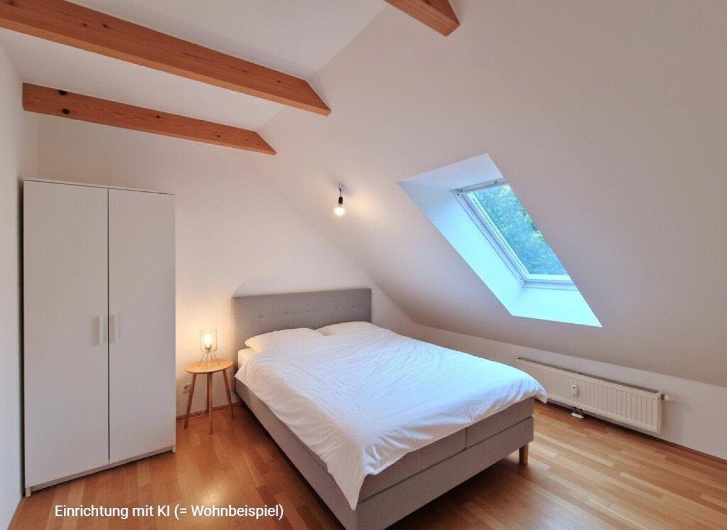 KI-bearbeitetes Schlafzimmer im Dachgeschoss mit Bett, Kleiderschrank und Dachfenster.
