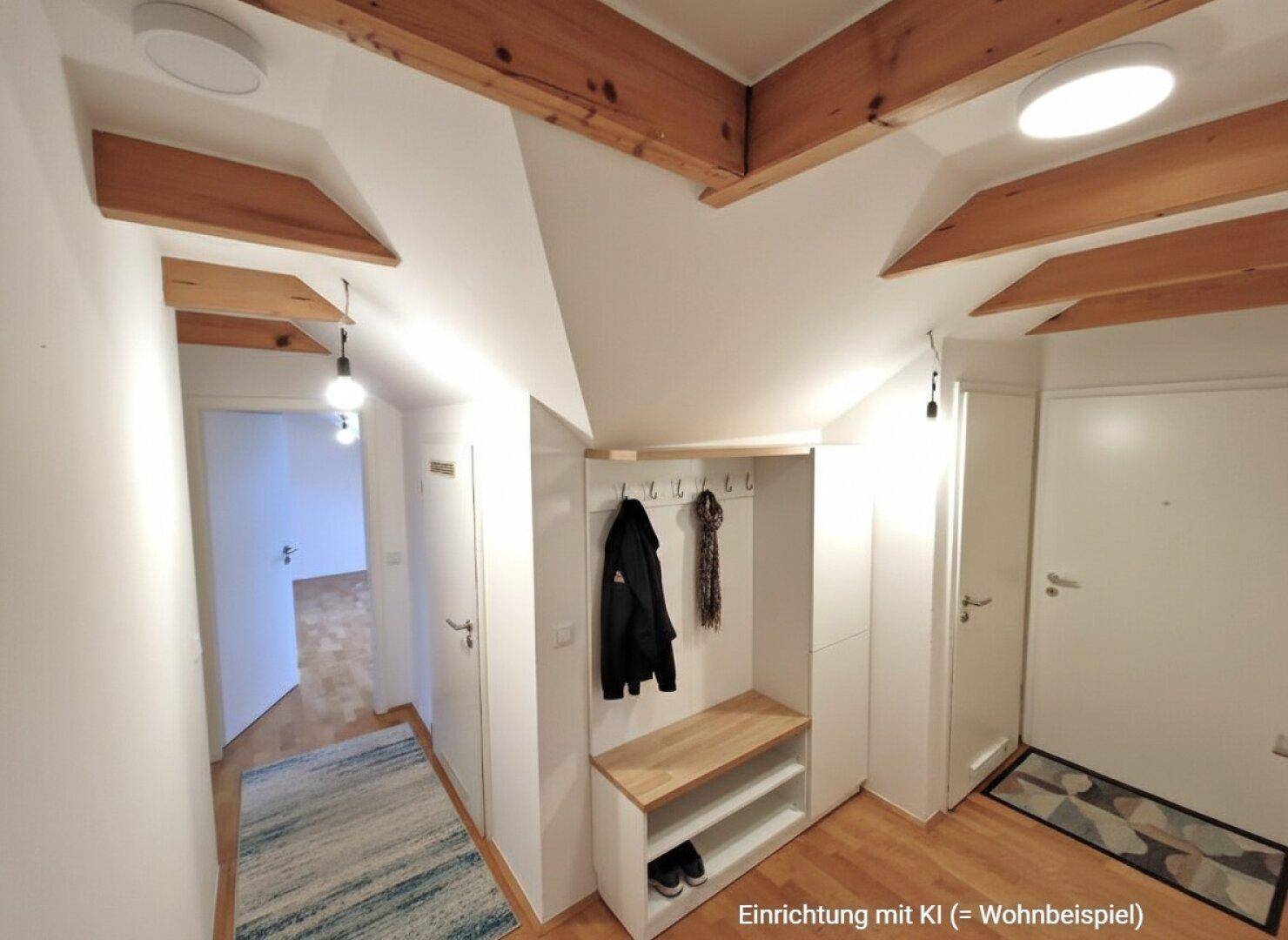 KI-gestalteter Eingangsbereich mit Garderobe, Sitzbank und sichtbaren Holzbalken im Dachgeschoss.