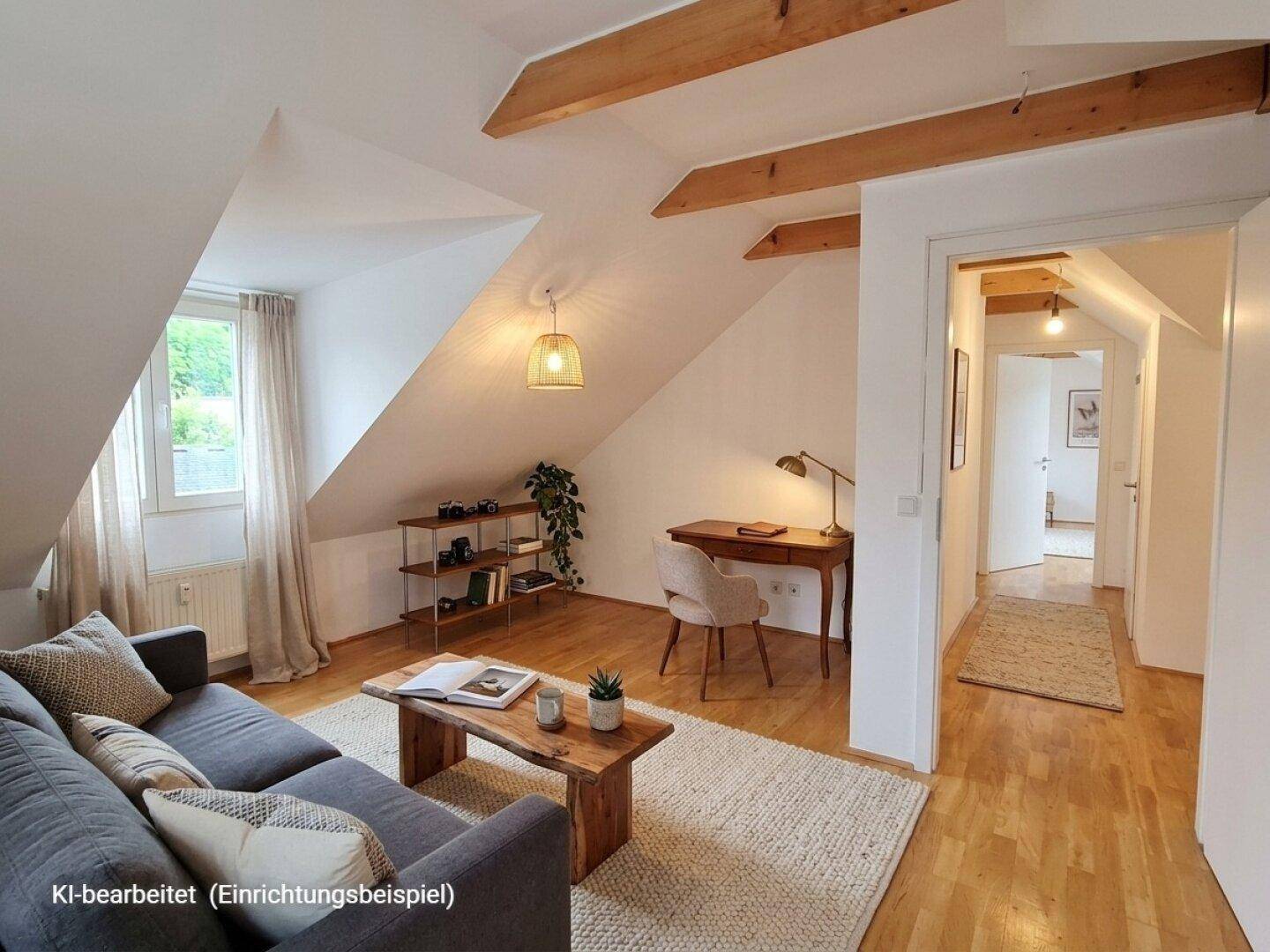 Gemütliches, KI-bearbeitetes Wohnzimmer im Dachgeschoss mit Holzbalken und viel natürlichem Licht.
