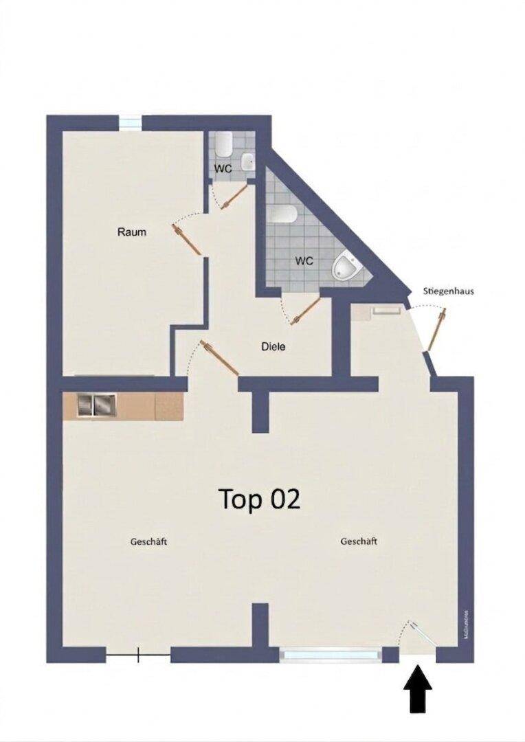 Grundriss einer Geschäftseinheit mit mehreren Räumen, einer Diele und zwei separaten Toiletten.