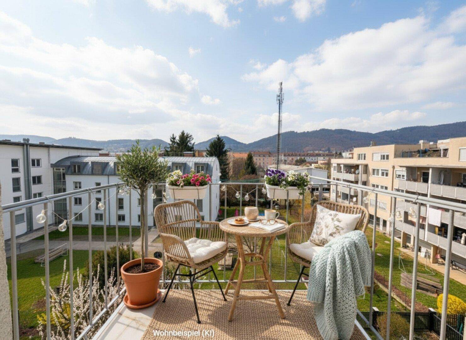 Gemütlicher Balkon mit Sitzgelegenheiten und weitem Blick über die Stadt und Hügel.
