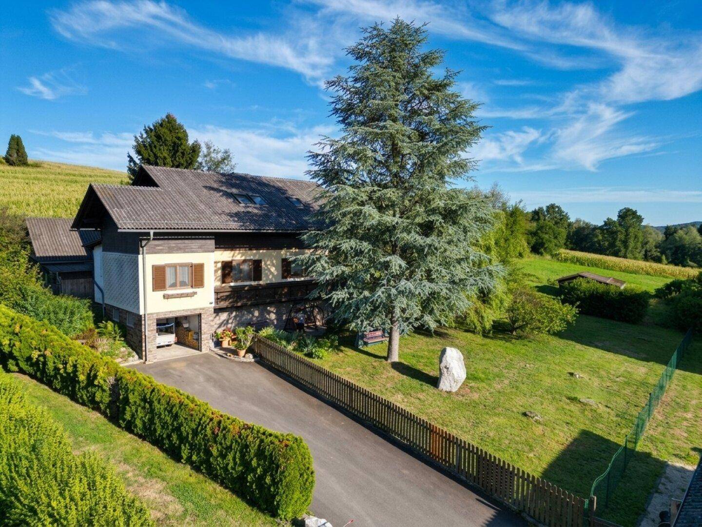 Frontansicht des Landhauses mit großem Baum, gepflegter Hecke und Zufahrt in sonniger Umgebung.