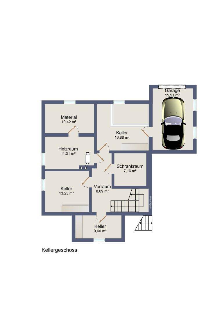 Grundriss des Kellergeschosses mit Kellerräumen, Heizraum und integrierter Garage.