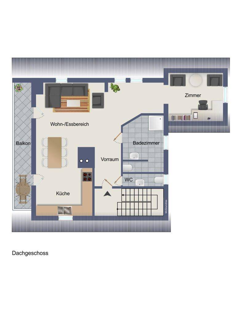 Grundriss des Dachgeschosses mit offenem Wohn-Essbereich, Küche, Bad und Balkon.
