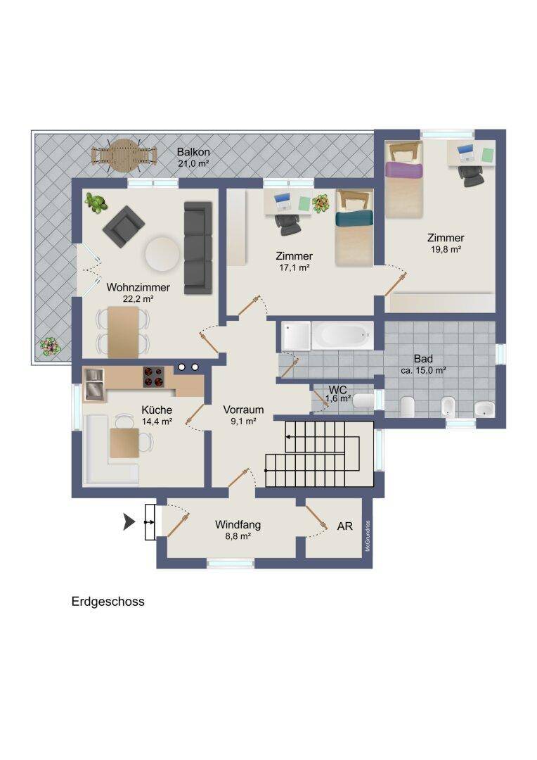 Grundriss des Erdgeschosses mit Wohnzimmer, Küche, zwei Schlafzimmern und Balkon.