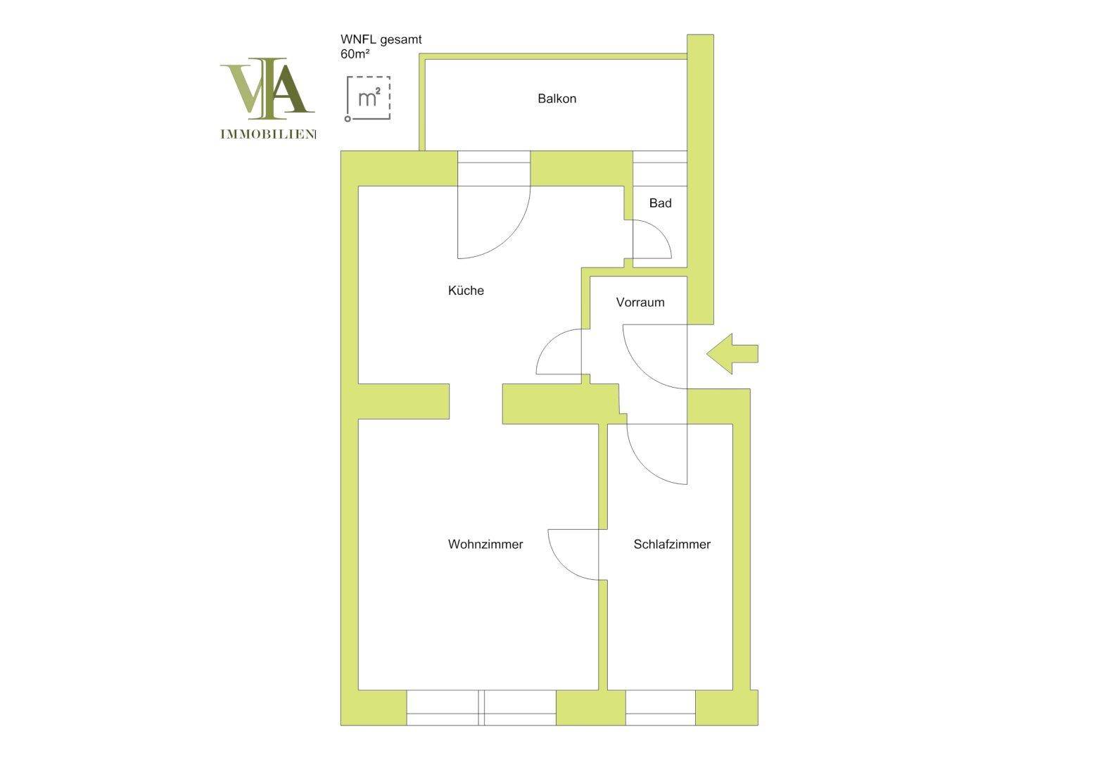 Übersichtlicher Grundriss mit Küche, Wohnzimmer, Schlafzimmer und Balkon.