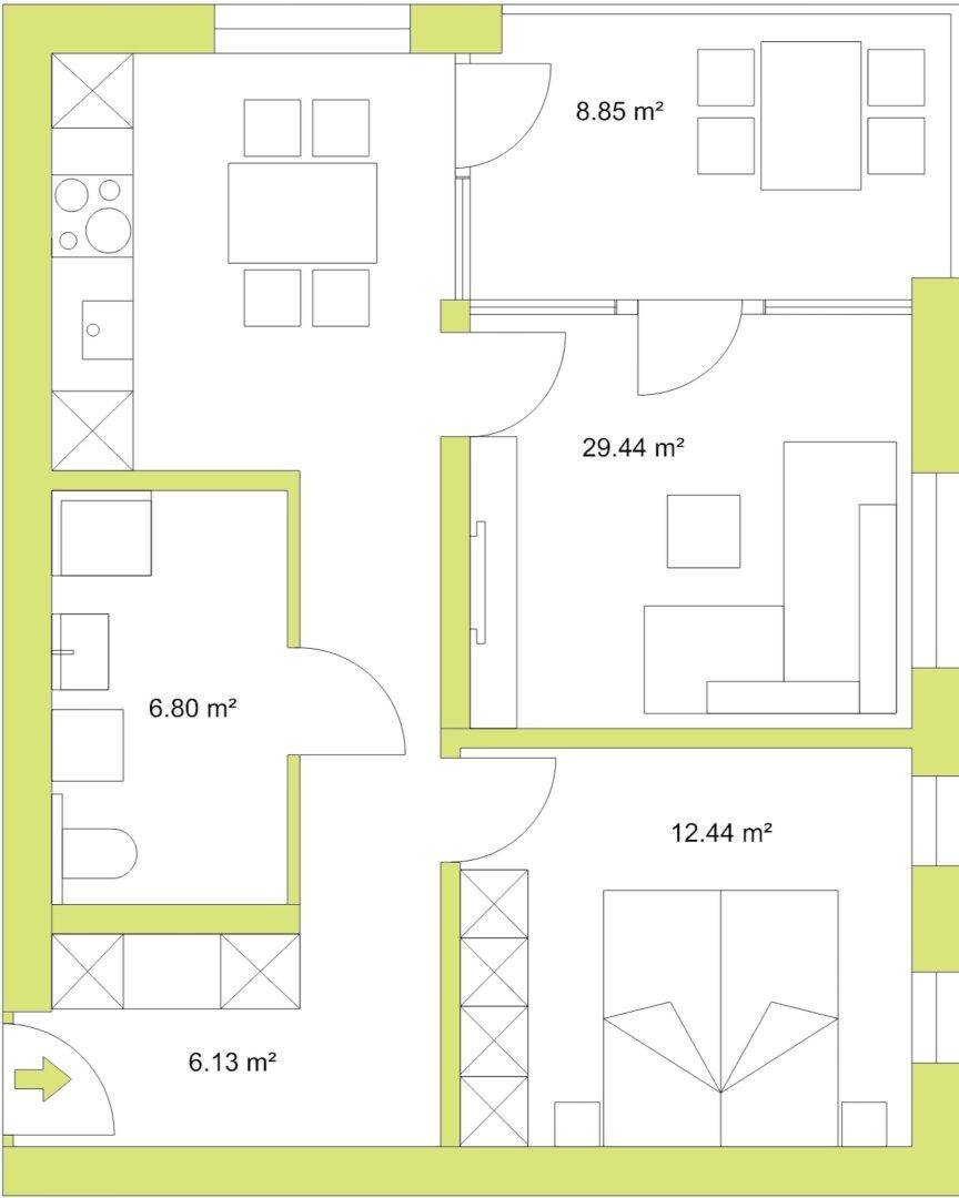 Grundrissplan einer Wohnung mit Raumaufteilung und Flächenangaben in Quadratmetern.