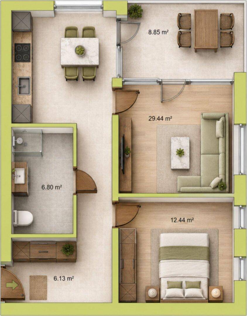 Möblierter Grundrissplan einer Wohnung mit detaillierter Raumgestaltung und Einrichtungsvorschlägen.