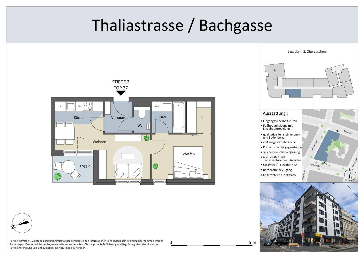 Detaillierter Grundriss einer Wohnung mit Loggia, Küche, Bad und Schlafzimmer.