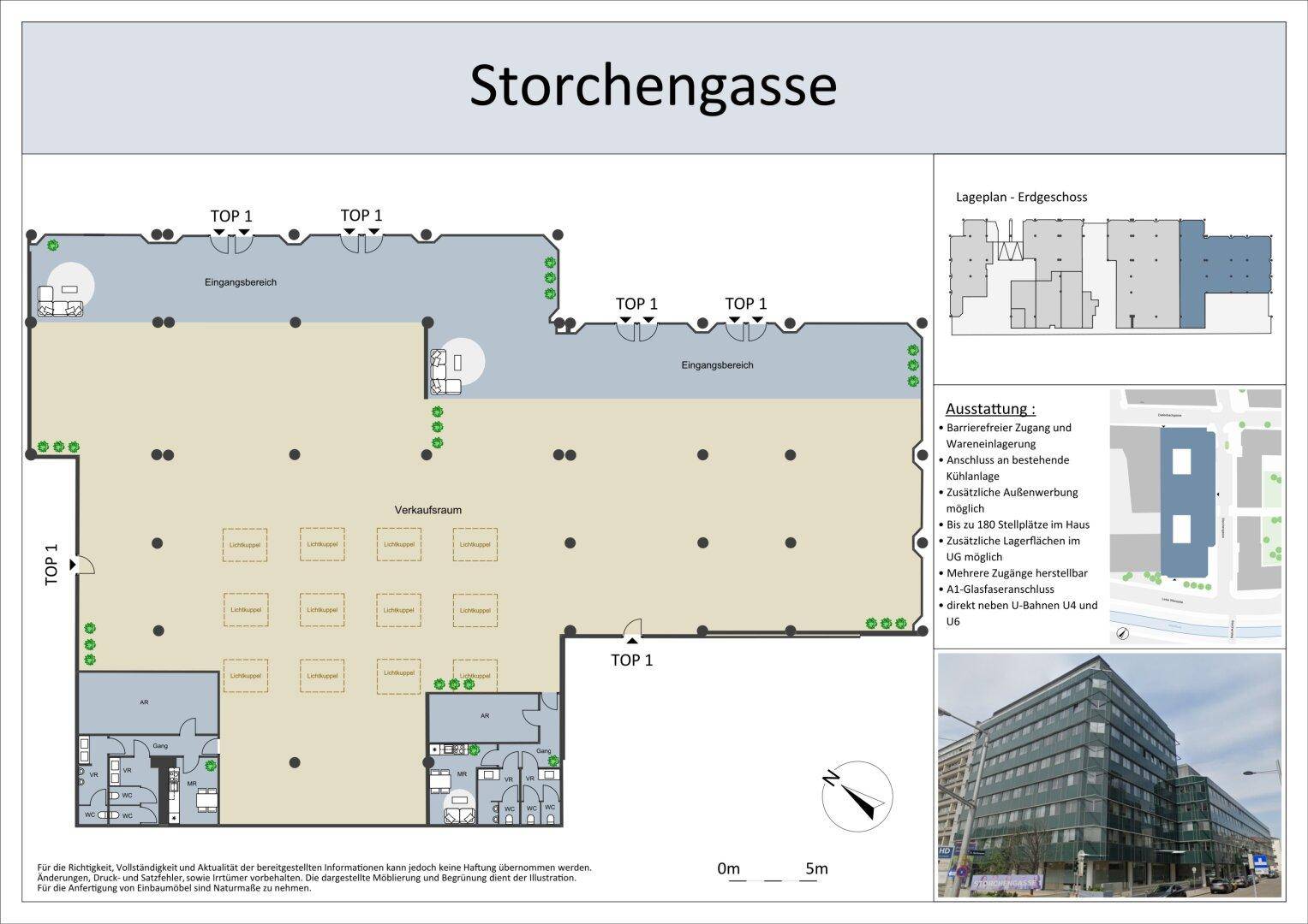 Detaillierter Grundriss des Erdgeschosses mit Verkaufsraum und Eingangsbereichen, inklusive Lageplan.