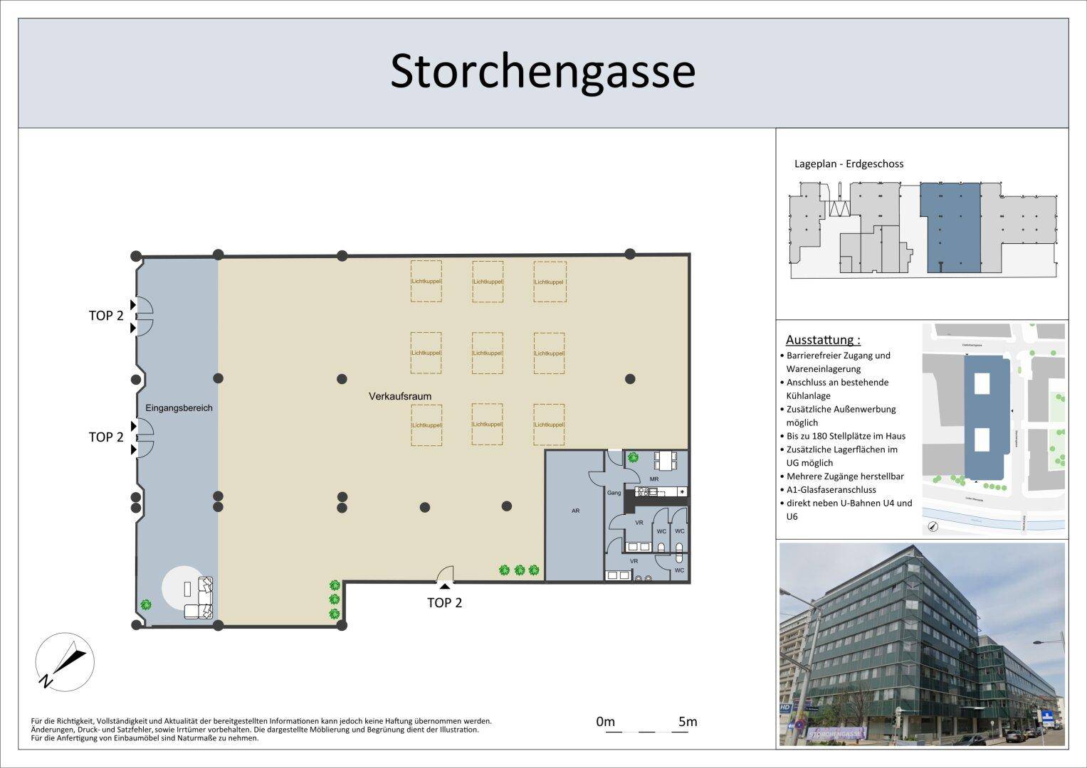 Grundriss des Erdgeschosses mit Verkaufsraum, Eingangsbereich und zusätzlichen Informationen zur Ausstattung des Gebäudes.