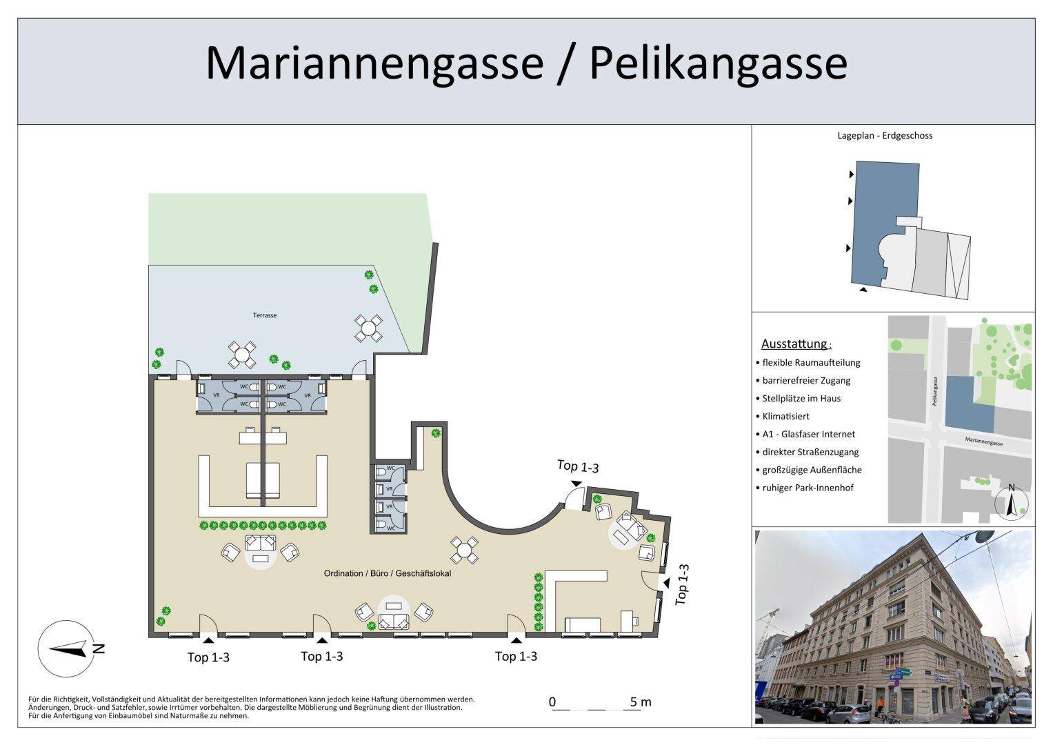 Grundriss des Erdgeschosses mit flexibler Raumaufteilung und einer großen Terrasse.