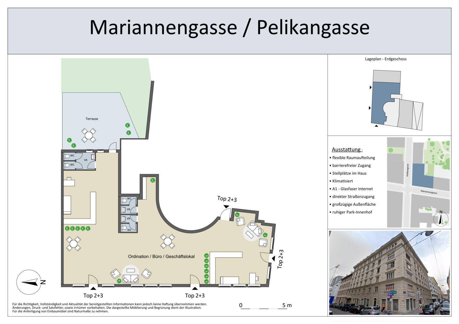 Detaillierter Grundriss einer Gewerbefläche mit großer Terrasse und flexiblen Nutzungsbereichen.